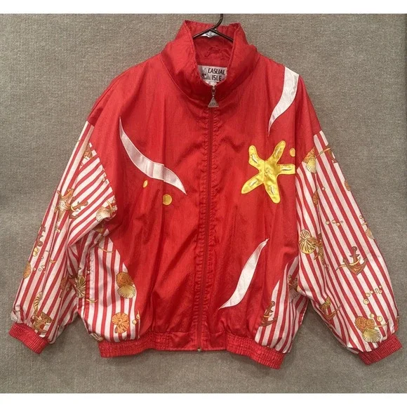 VTG 90's Casual Isle Red Stripe Beach Windbreaker Nautical Seashell Jacket XL - Picture 3 of 15